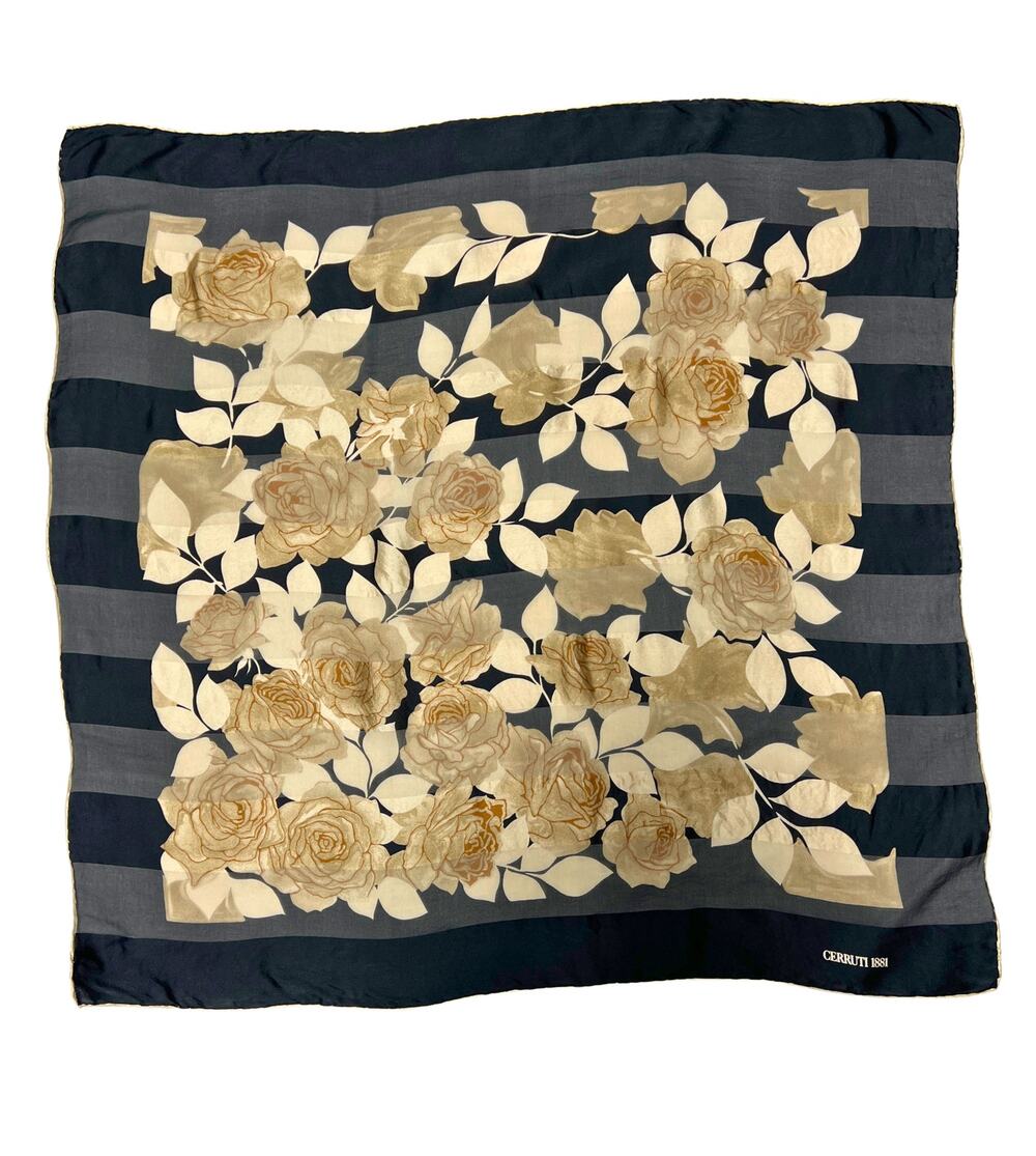 CERRUTI 1881 1990s Vintage 32x32 Black Floral Pure Silk Scarf Made in Italy